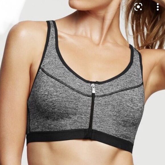 Victoria Secret VSX Knockout Black/Gray Front Zip Padded Sports Bra Size 34DDD - Picture 1 of 10